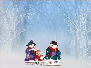 Rodzina, Zima, Drzewa, Śnieg, Bałwanki