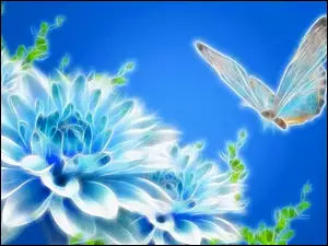 3D, Niebieskie, Kwiat, Tło, Motyl
