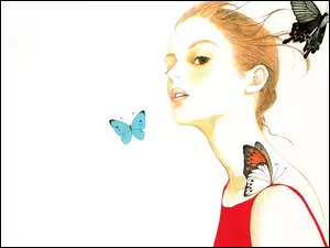 Rysunek, Rudowłosa, Kobieta, Młoda, Motyle
