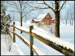 Śnieg, Dom, Zima, Drzewa, Płot, Droga