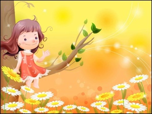 Kwiaty, Dziewczynka, Stokrotki, Drzewo