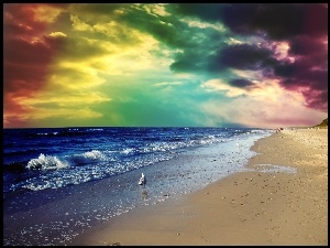 Niebo, Chmury, Plaża, Morze, Kolorowe