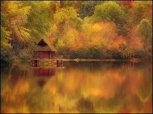 Jesień, Jezioro, Domek, Drzewa, Odbicie