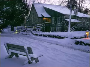 Śnieg, Dom, Ławka