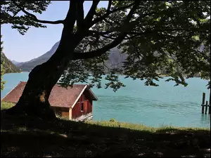 Jezioro, Drzewa, Domek, Góry