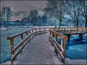 Rzeka, Śnieg, Mostek, Drzewa