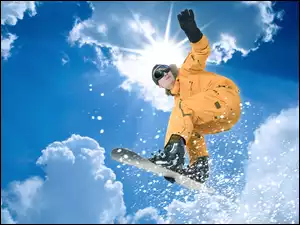 Gogle, Snowboarding, Kombinezon, Pomarańczowy, Słońce