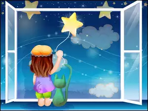 Gwiazdy, Dziecko, Okno, Kot, Noc