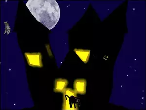 Halloween, księżyc, kot , domek