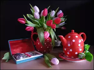 Tulipany, Dzbanek, Czerwone, Fioletowe