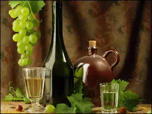 Winogrona, Kieliszek, Butelki, Wino