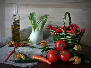 Oliwa, Pomidory, Włoski, Koper, Koszyczek, Papryczka, Marchewka