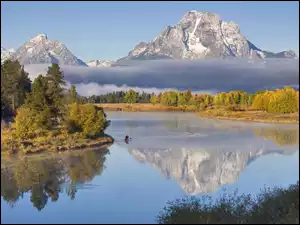Góry, Grand, Rzeka, Oxbow, Bend, USA, Wyoming, Canoe, Teton