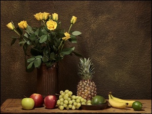 Banany, Winogrona, Róż, Bukiet, Limonka, Ananas, Jabłka