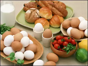 Jajka, Śniadanie, Bułeczki, Warzywa
