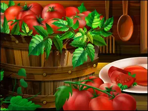 Pomidory, Grafika, Liście, Talerz