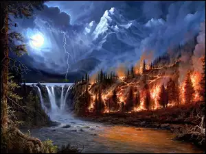Góry, Noc, Burza, Wodospad, Pożar