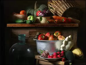 Butelki, Stół, Warzywa, Owoce, Kosz