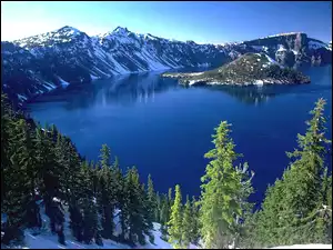 Śnieg, Oregon, Drzewa, Jezioro, Góry