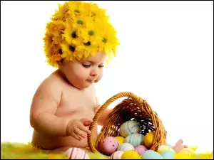 Dziecko, Jajka, Koszyk, Kwiaty