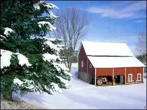Zima, Traktor, Śnieg, Domek