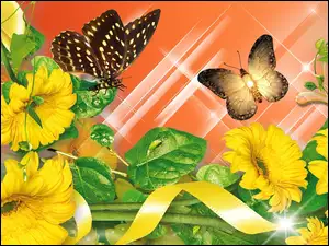 Komputerowa, Żółte, Motyle, Kwiaty, Grafika