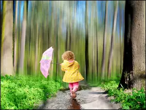 Dziecko, Trawa, Drzewa, Parasol