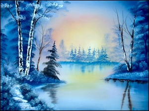 Malarstwo, Jezioro, Choinki, Drzewa, Zima