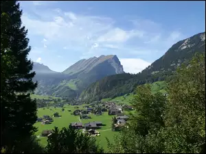 Góry, Domy, Kanisfluh, Drzewa, Austria, Dolina