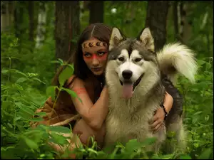 Dziewczyna, Las, Pies, Alaskan Malamute