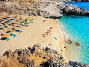 Wakacje, Plaża, Parasole, Morze, Kreta