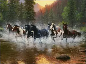 Konie, Galop, Rzeka, Las