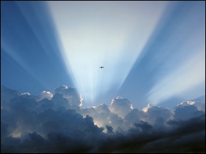 Samolot, Chmury, Promienie Słońca