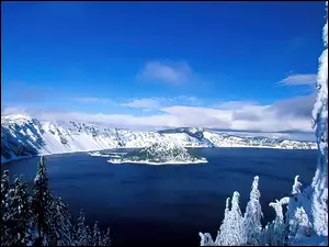 Wyspa, Jezioro, Góry, Las, Śnieg