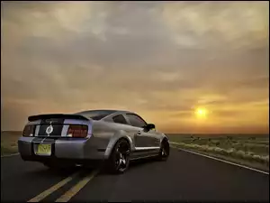 Ford Mustang, Słońca, Droga, Zachód
