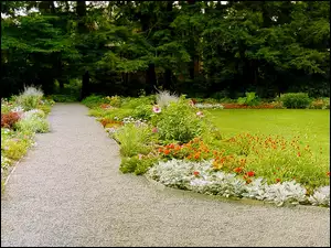 Ogród, Fontanna, Kwiaty, Zieleń