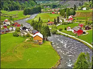 Rzeka, Norwegia, Łąki, Domy