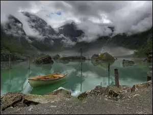 Łódka, Jezioro, Norwegia, Bondhus, Kamienie