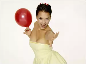 suknia, Jessica Alba, balon, czerwony, kremowa