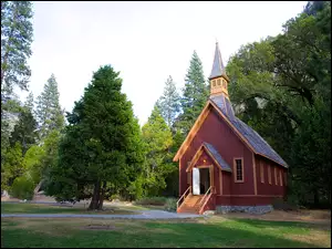 Park Narodowy Yosemite, Kościółek Yosemite Valley Chapel, Stany Zjednoczone, Drzewa, Stan Kalifornia, Drewniany