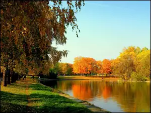 Jesień, Park, Kolorowe, Rzeka, Drzewa
