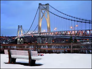 Zima, Oświetlony, Rzeka, Most, Ławka