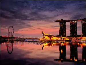 Singapur, Hotel, Morze, Noc, Światła