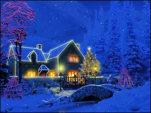Oświetlony, Boże Narodzenie, Dom, Zima