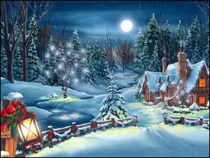 Zima, Narodzenie, Widoczek, Malarstwo, Świąteczny, Boże