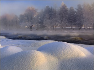 Zima, Szwecja, Rzeka, Zaspy
