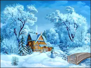 Drzewa, Zima, Śnieg, Domek