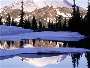 Woda, Góry, Śnieg, Drzewa
