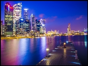 Molo, Noc, Wieżowce, Singapur, Zatoka, Miasto