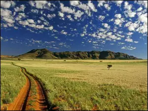 Namibia, Góry, Trawa, Chmurki, Droga